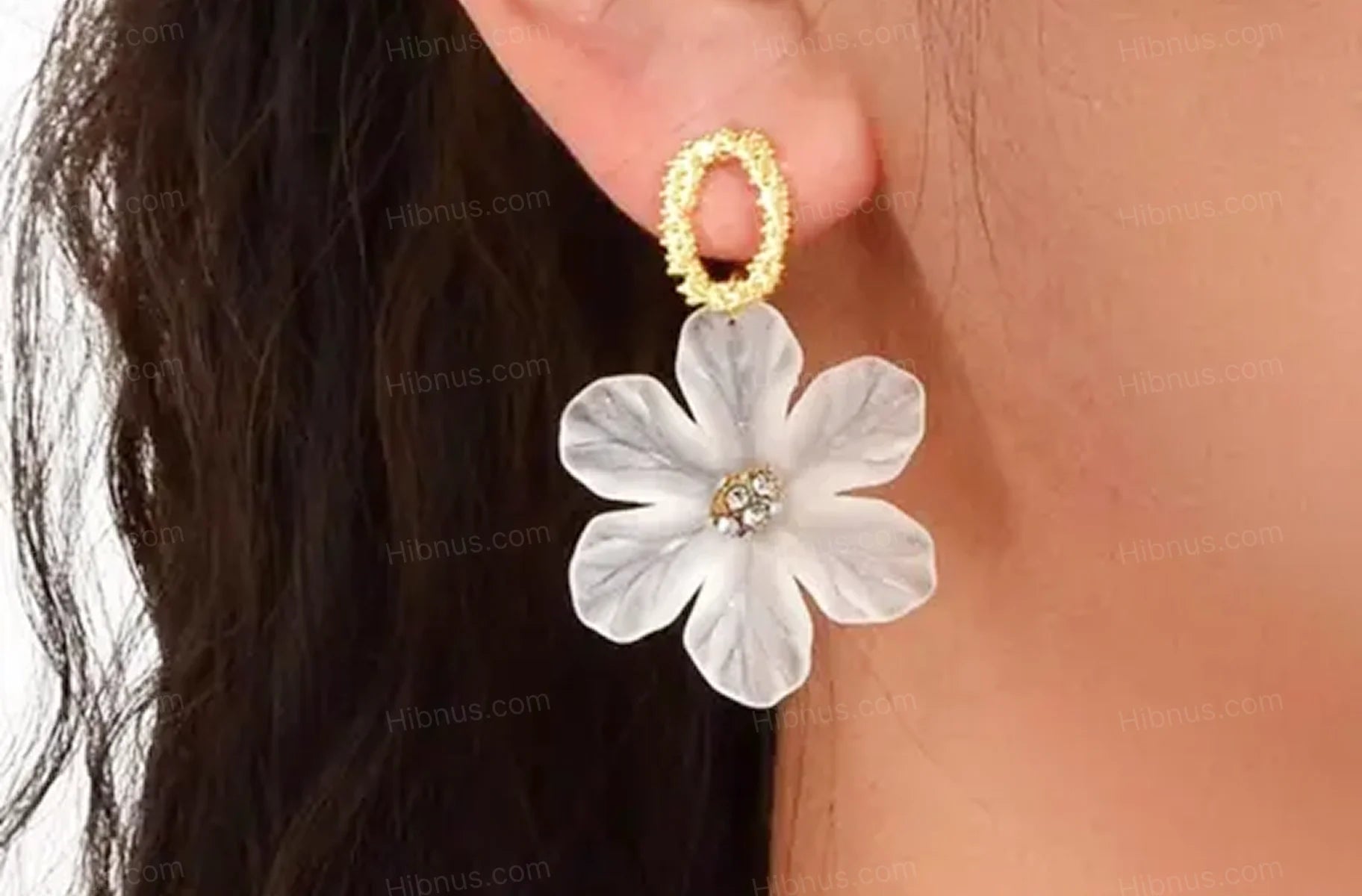 Elegant Frosted Floral Drop Earrings with Gold Crystal Studs