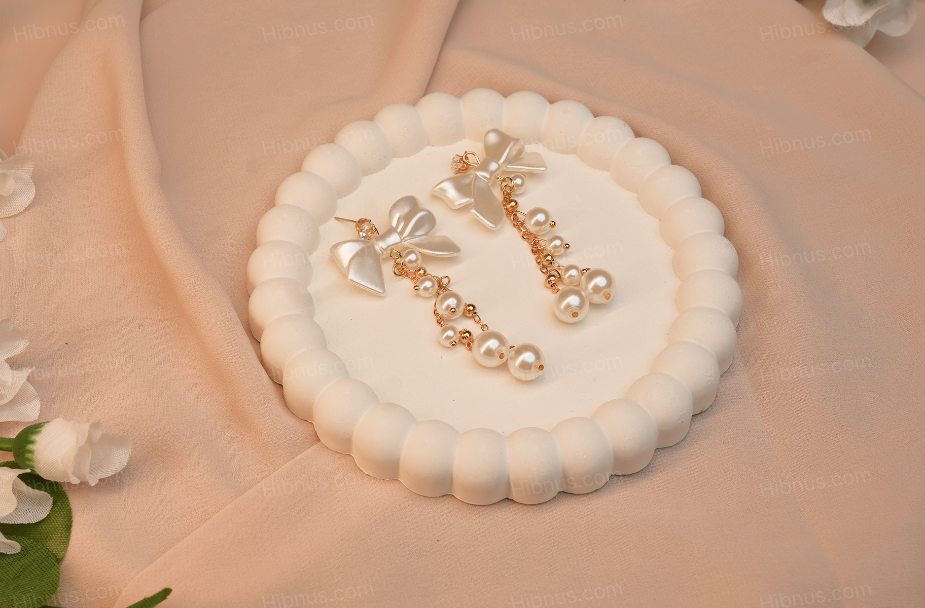 Retro long bow pearl tassel earrings