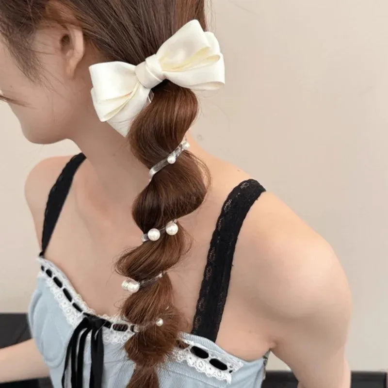 Telephone line pearl bow ponytail braid hair rope