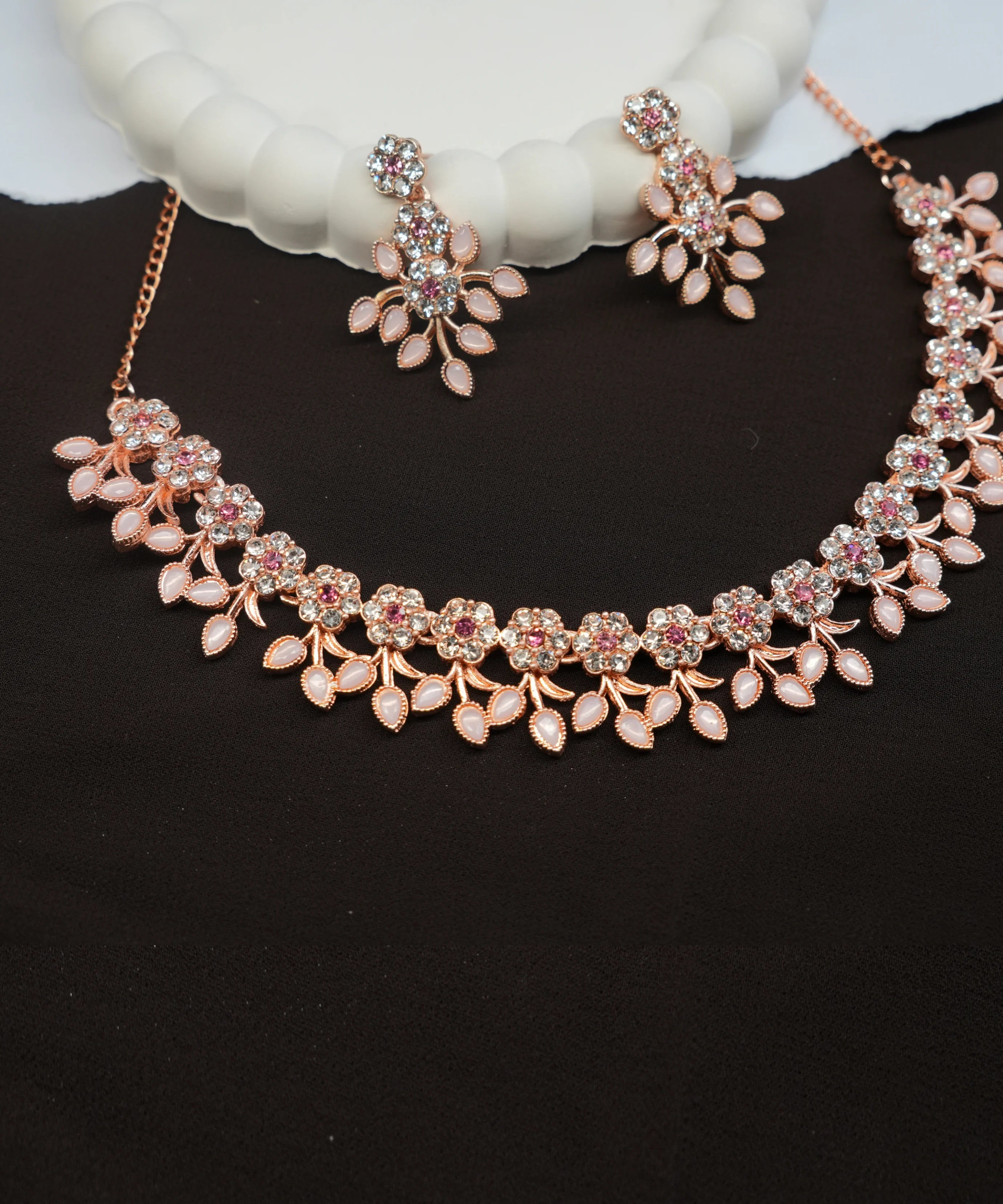 Rose Gold Polish AD Stone Studded Choker Necklace Set with Matching Earrings