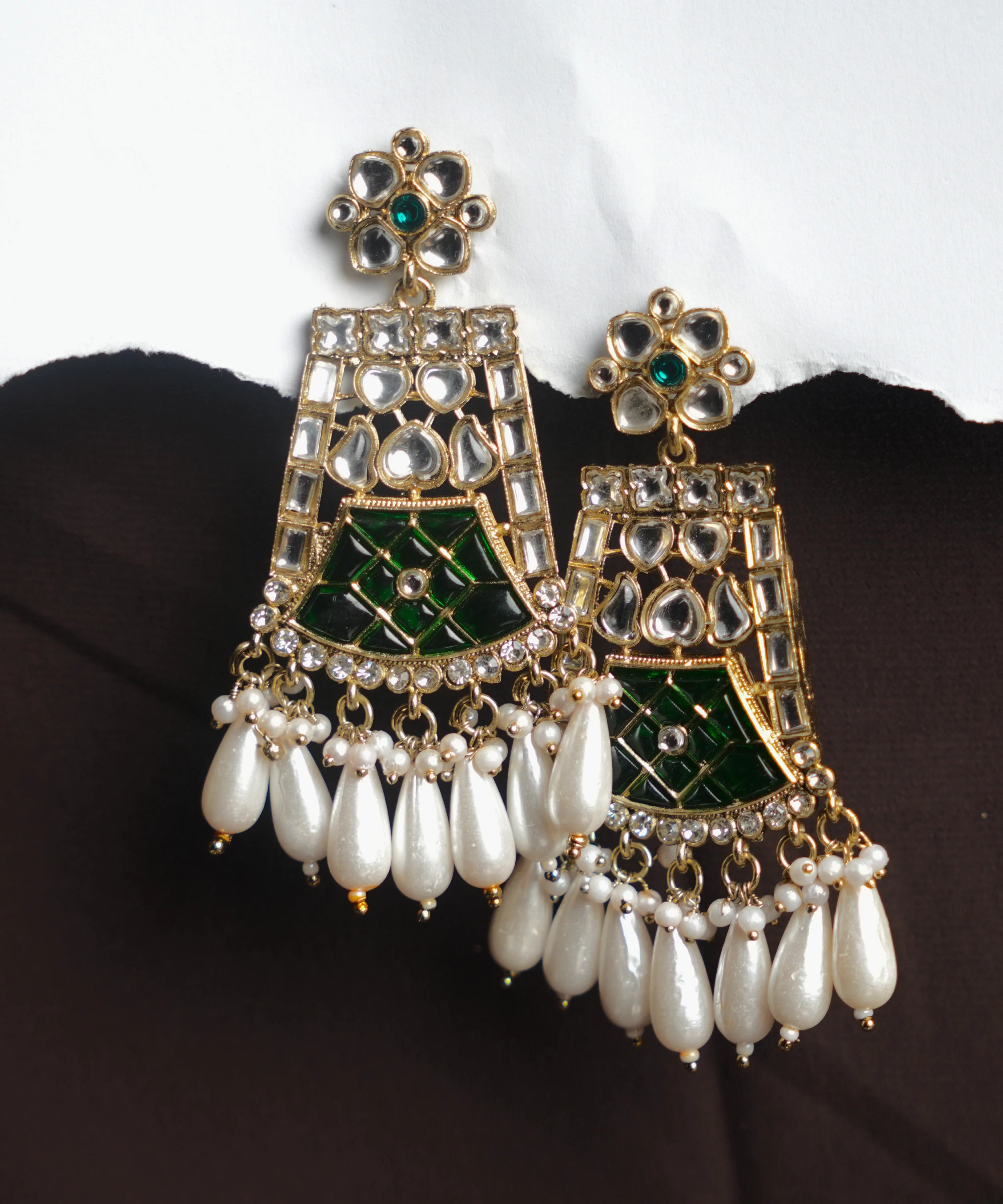 Elegant Green & White Kundan Pearl Chandelier Earrings