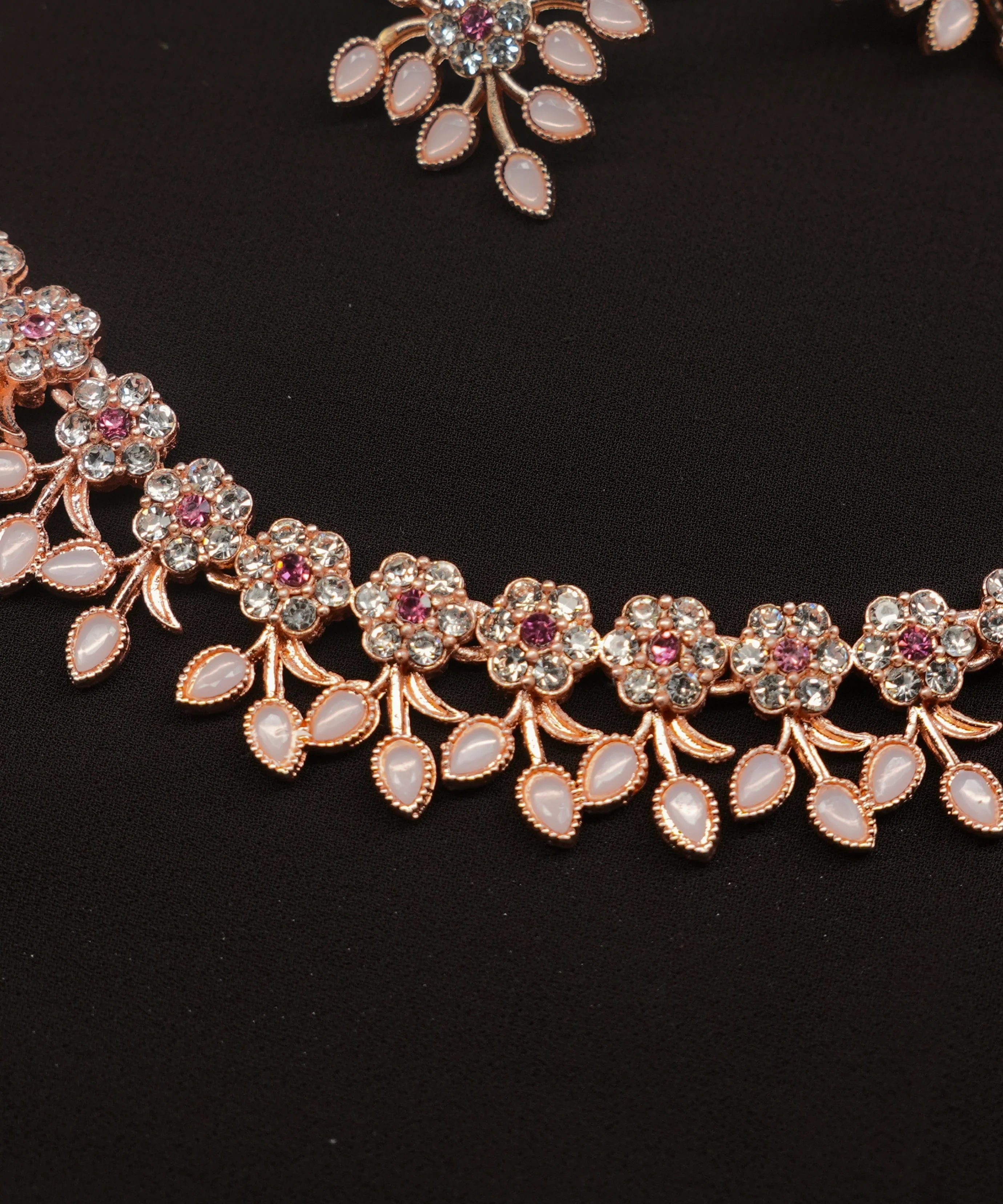 Rose Gold Polish AD Stone Studded Choker Necklace Set with Matching Earrings