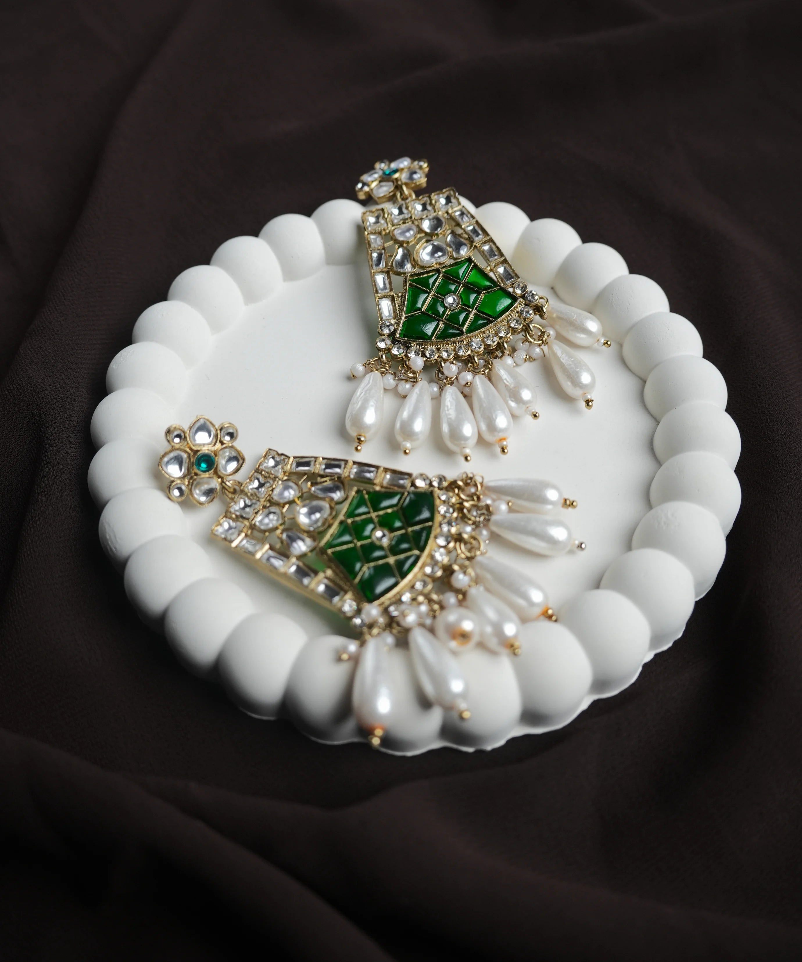 Elegant Green & White Kundan Pearl Chandelier Earrings