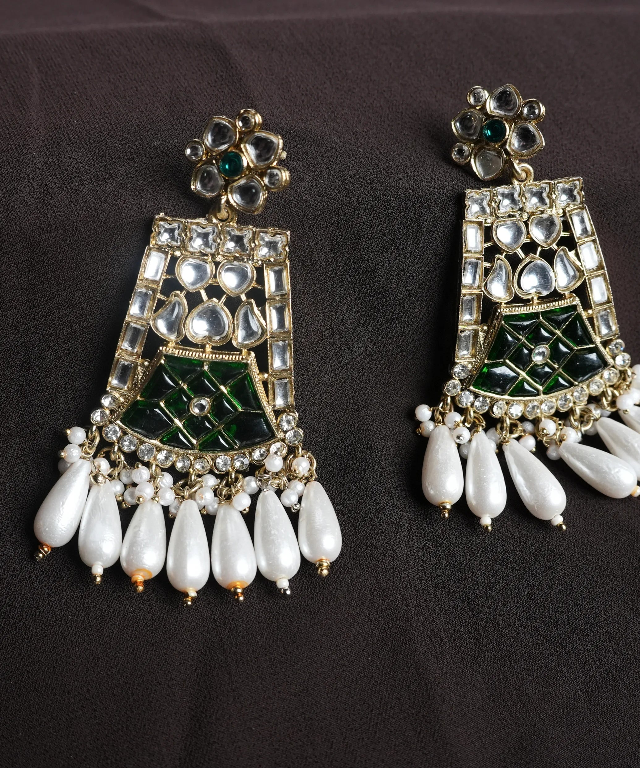 Elegant Green & White Kundan Pearl Chandelier Earrings