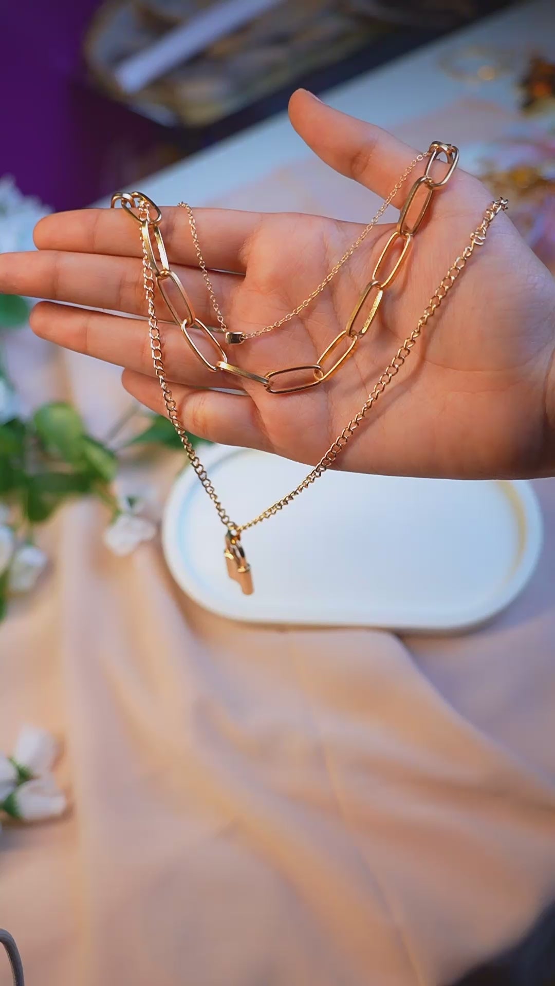 Triple Layer Lock & Heart Necklace – Gold Tone