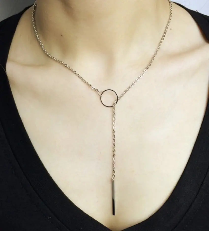 Minimalist Lariat Drop Necklace – sliver Tone